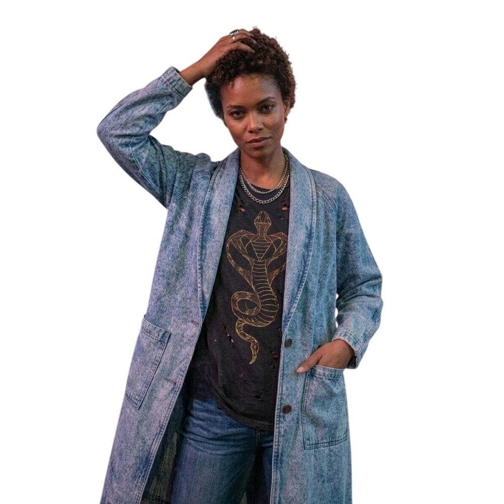 VTG 80s Bongo Acid Wash Denim Trench Coat Womens M Long Matrix Duster Grunge